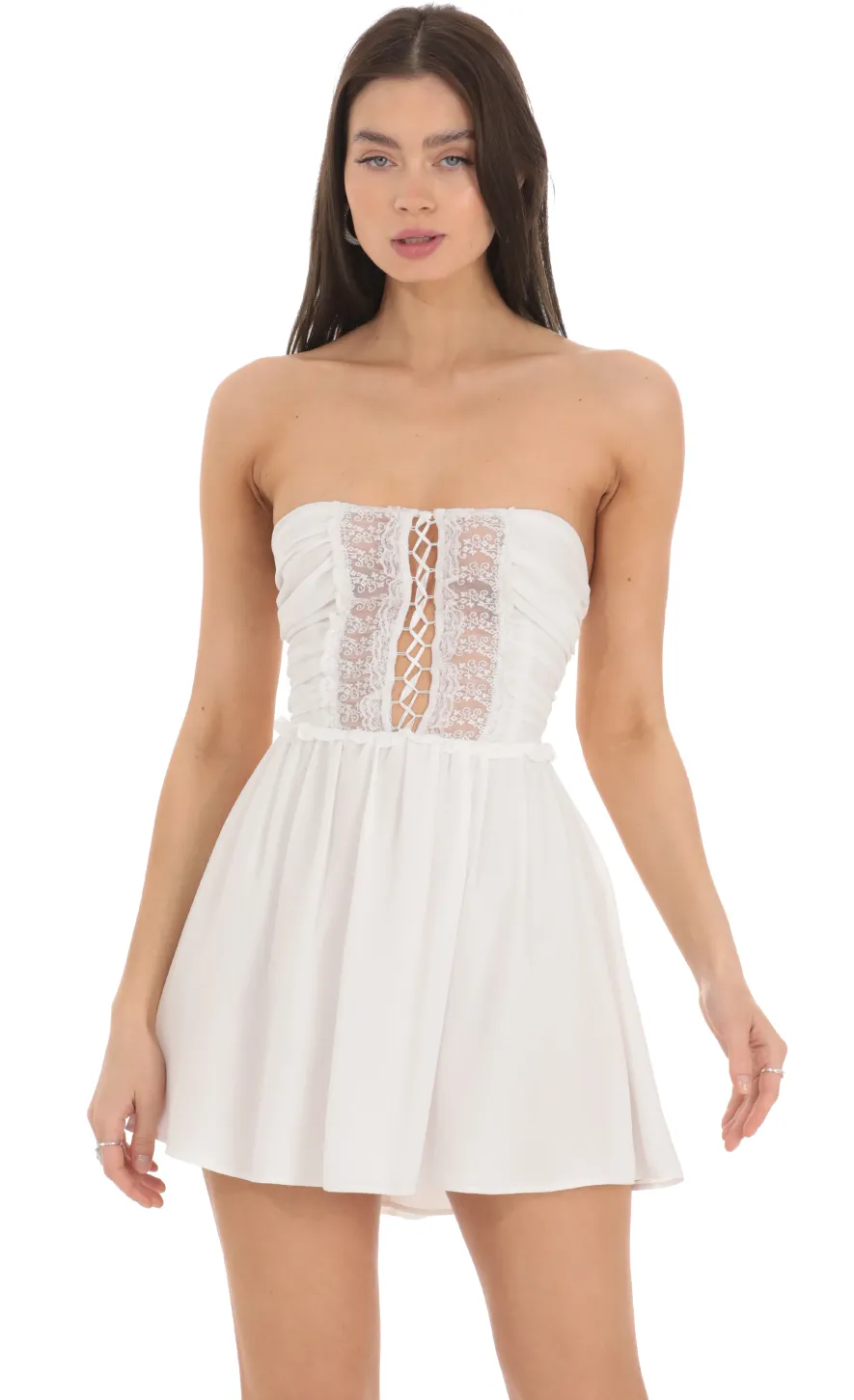 LUCY IN THE SKY Mini Dresses^Front Lace Chiffon Strapless Dress In White