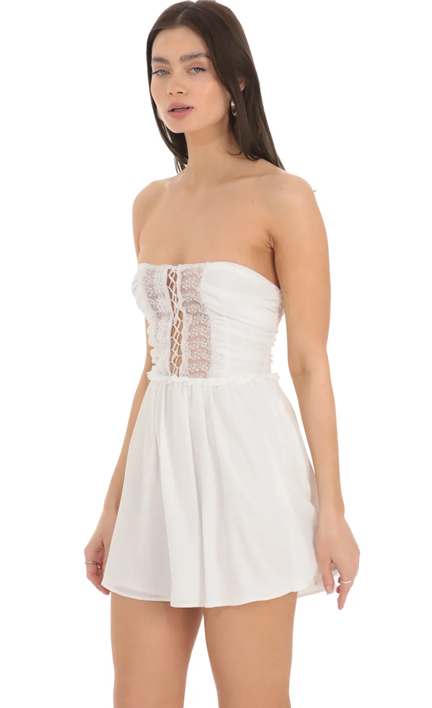 LUCY IN THE SKY Mini Dresses^Front Lace Chiffon Strapless Dress In White