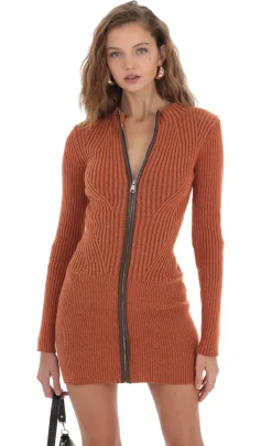 LUCY IN THE SKY Mini Dresses^Front Zip Knit Dress In Orange