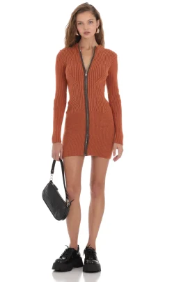 LUCY IN THE SKY Mini Dresses^Front Zip Knit Dress In Orange