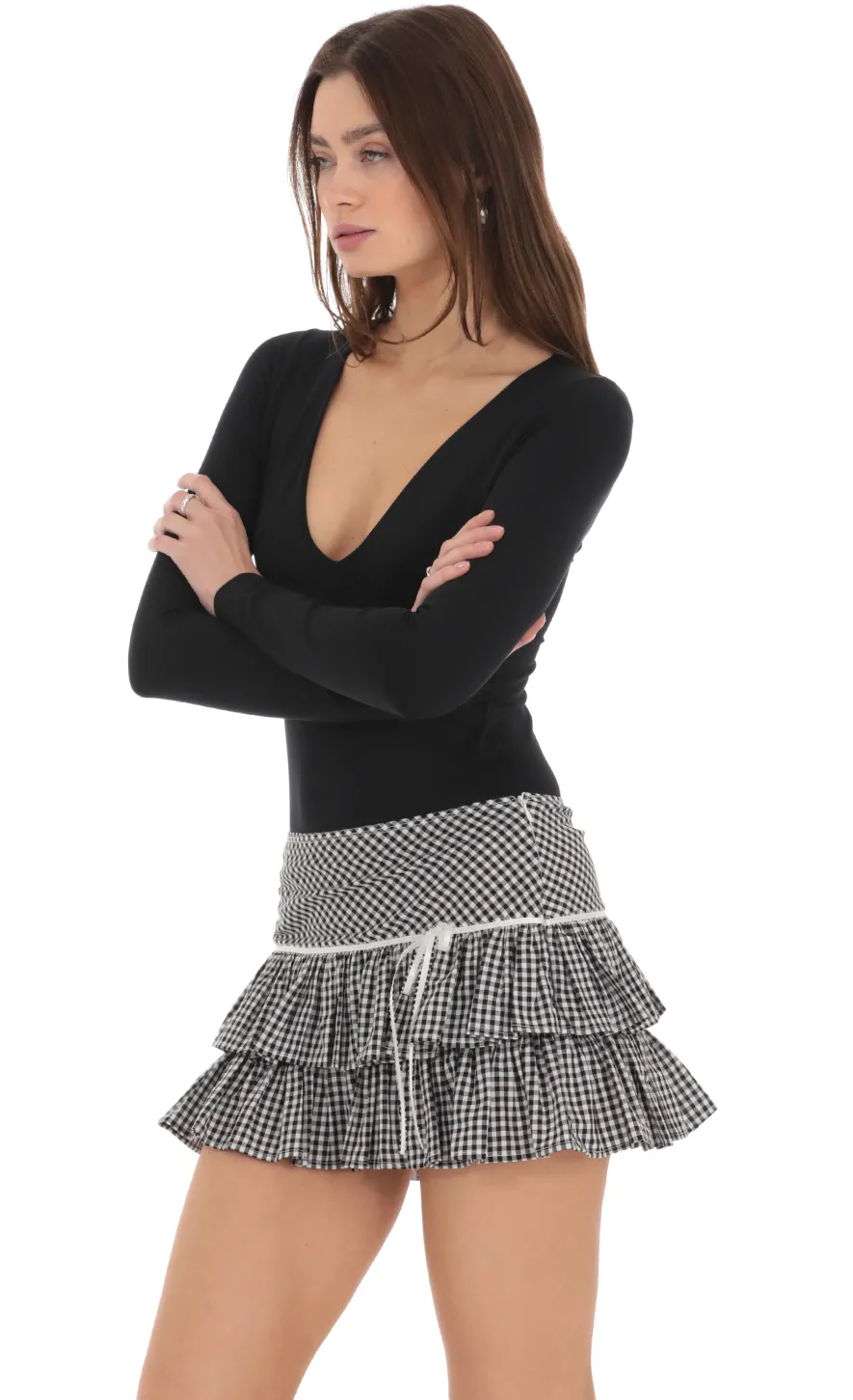 LUCY IN THE SKY Shorts^Gingham Ruffle Skirt In Black And White