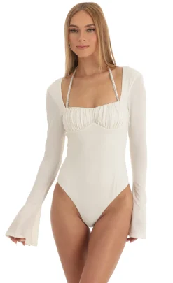 LUCY IN THE SKY Bodysuits^Glitter Flare Long Sleeve Bodysuit In White