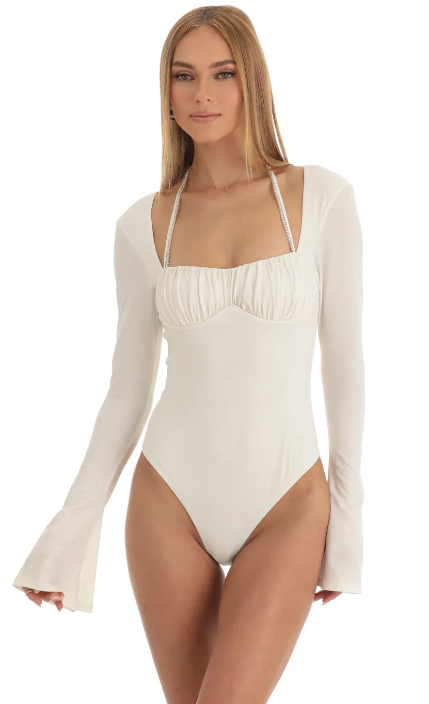 LUCY IN THE SKY Bodysuits^Glitter Flare Long Sleeve Bodysuit In White