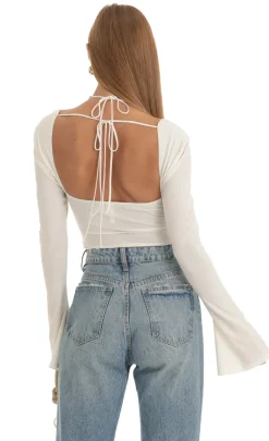 LUCY IN THE SKY Bodysuits^Glitter Flare Long Sleeve Bodysuit In White