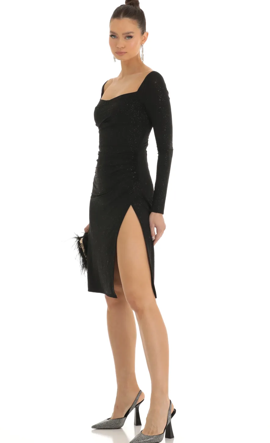 LUCY IN THE SKY Midi Dresses^Glitter Long Sleeve Bodycon Midi Dress In Black