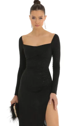 LUCY IN THE SKY Midi Dresses^Glitter Long Sleeve Bodycon Midi Dress In Black