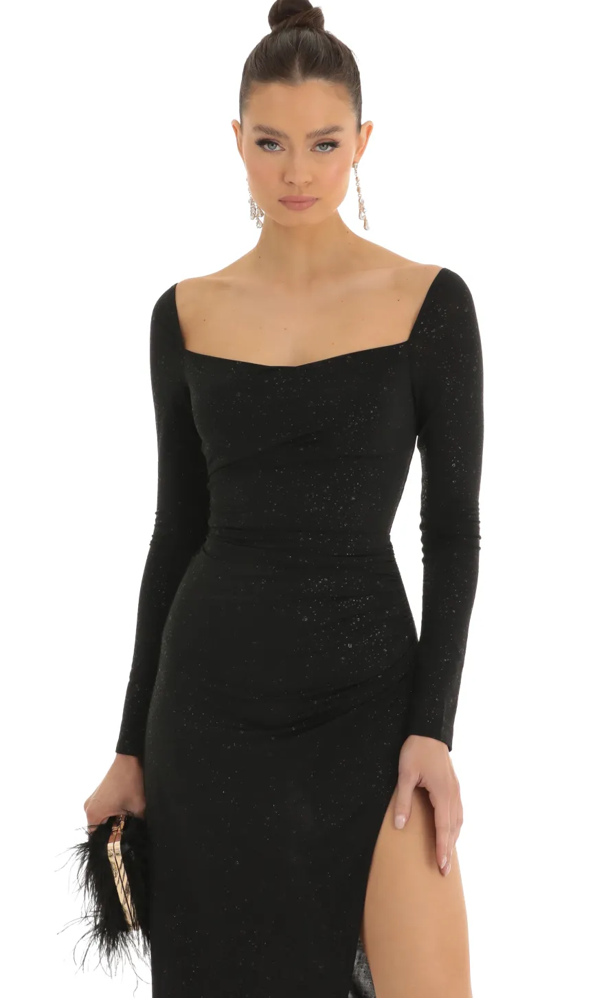 LUCY IN THE SKY Midi Dresses^Glitter Long Sleeve Bodycon Midi Dress In Black