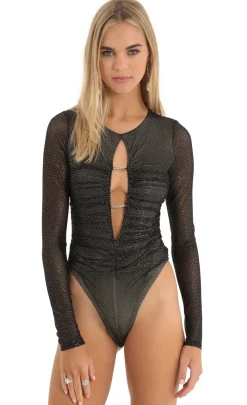 LUCY IN THE SKY Tops|Bodysuits^Glitter Mesh Bodysuit In Black