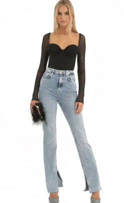 LUCY IN THE SKY Tops|Bodysuits^Glitter Mesh Long Sleeve Bodysuit In Black