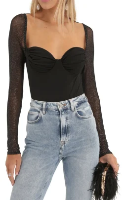 LUCY IN THE SKY Tops|Bodysuits^Glitter Mesh Long Sleeve Bodysuit In Black