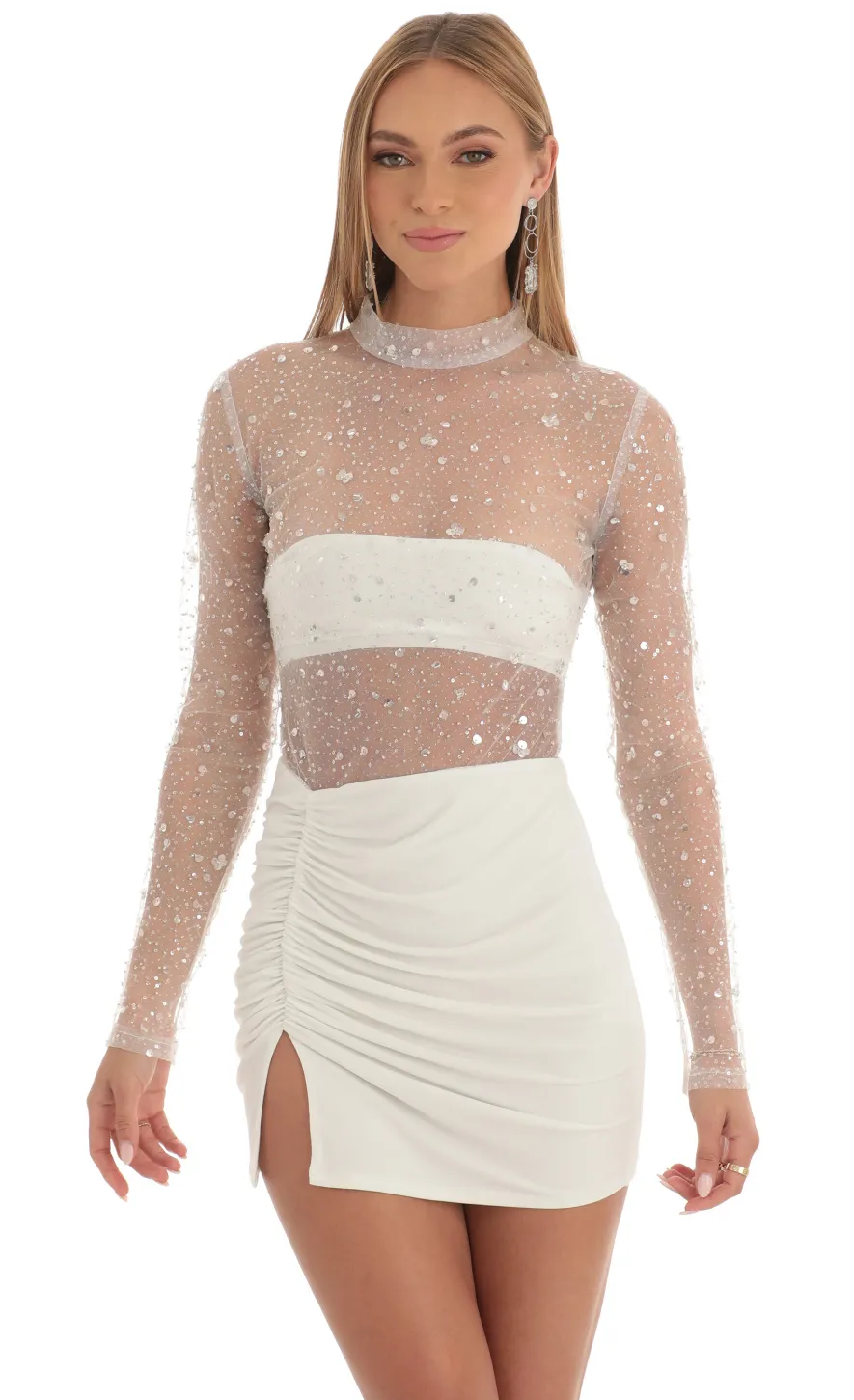 LUCY IN THE SKY Mini Dresses^Glitter Sheer Dress In White
