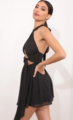 LUCY IN THE SKY Mini Dresses^Halter Dress In Black Crinkle Chiffon