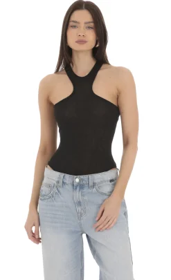 LUCY IN THE SKY Bodysuits^Heathered Sheer Bodysuit In Black