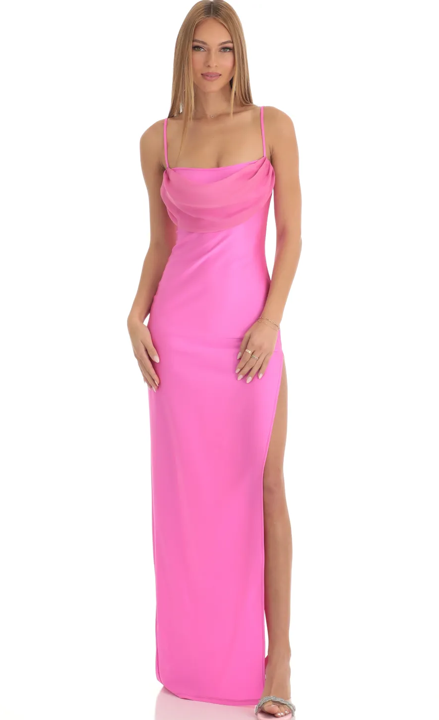 LUCY IN THE SKY Maxi Dresses^High Slit Cowl Neck Maxi Dress In Hot Pink