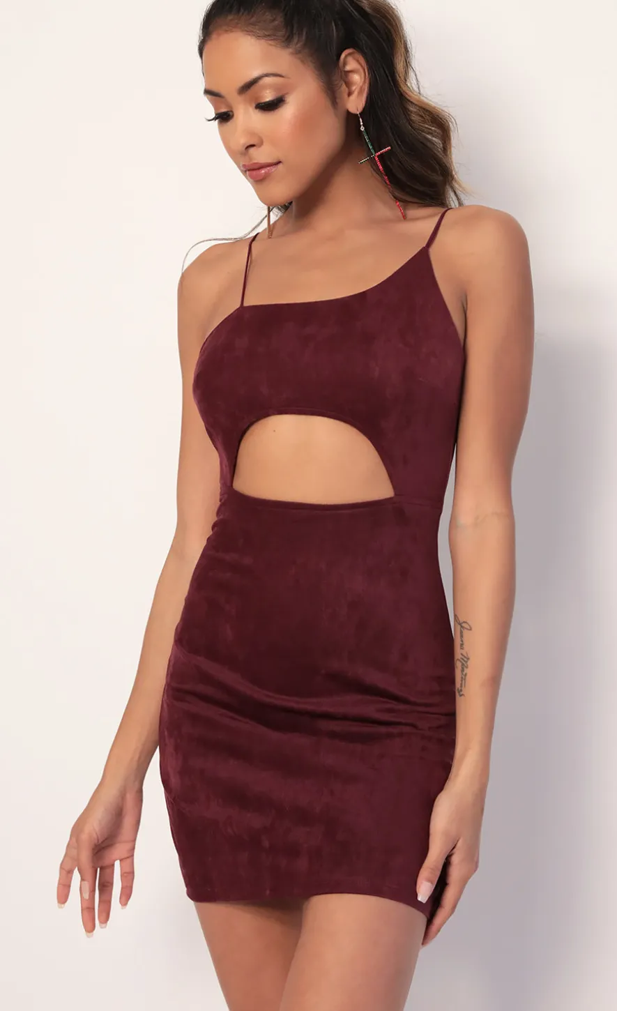 LUCY IN THE SKY Mini Dresses^Illusion Suede Cutout Dress In Burgundy