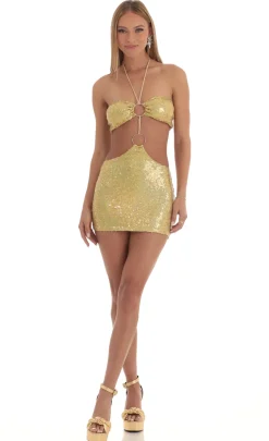 LUCY IN THE SKY Mini Dresses^Iridescent Sequin Halter Dress In Gold