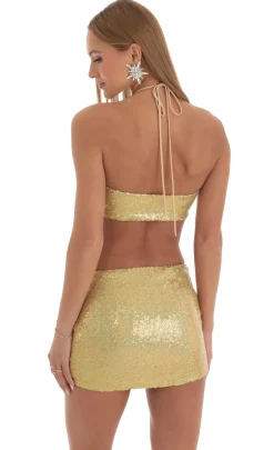 LUCY IN THE SKY Mini Dresses^Iridescent Sequin Halter Dress In Gold