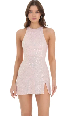 LUCY IN THE SKY Mini Dresses^Iridescent Sequin High Neck Open Back Tie Dress In Pink