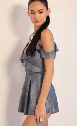 LUCY IN THE SKY Rompers^Isabella Metallic Ruffle Romper In Denim Blue