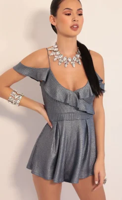 LUCY IN THE SKY Rompers^Isabella Metallic Ruffle Romper In Denim Blue
