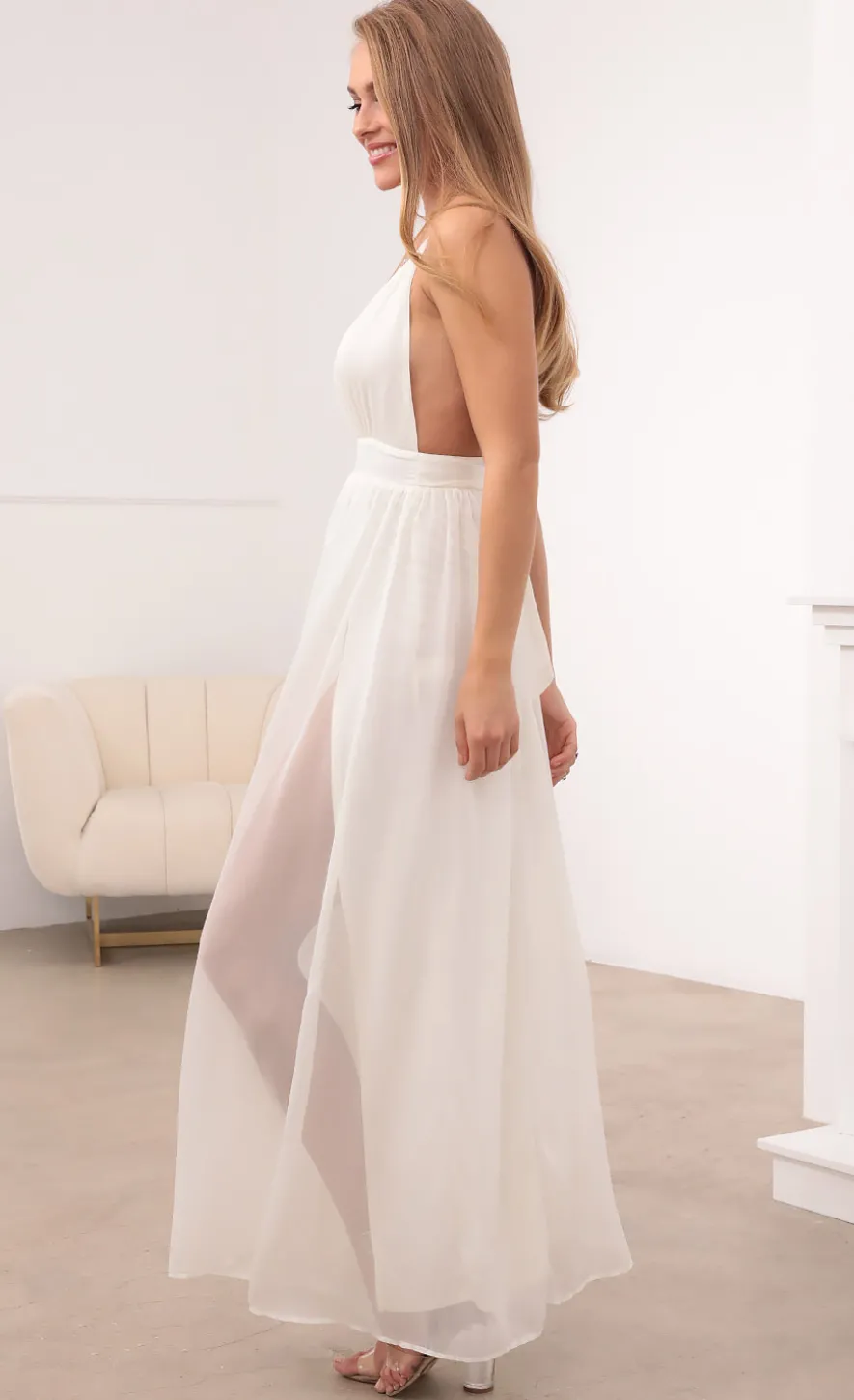 LUCY IN THE SKY Maxi Dresses^Ivory Chiffon Slit Maxi Dress