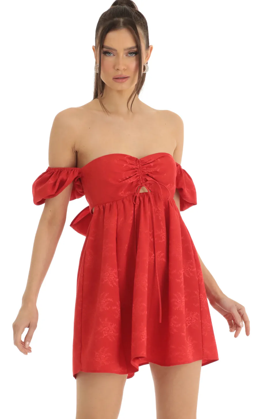 LUCY IN THE SKY Mini Dresses^Jacquard Puff Sleeve Baby Doll Dress In Red
