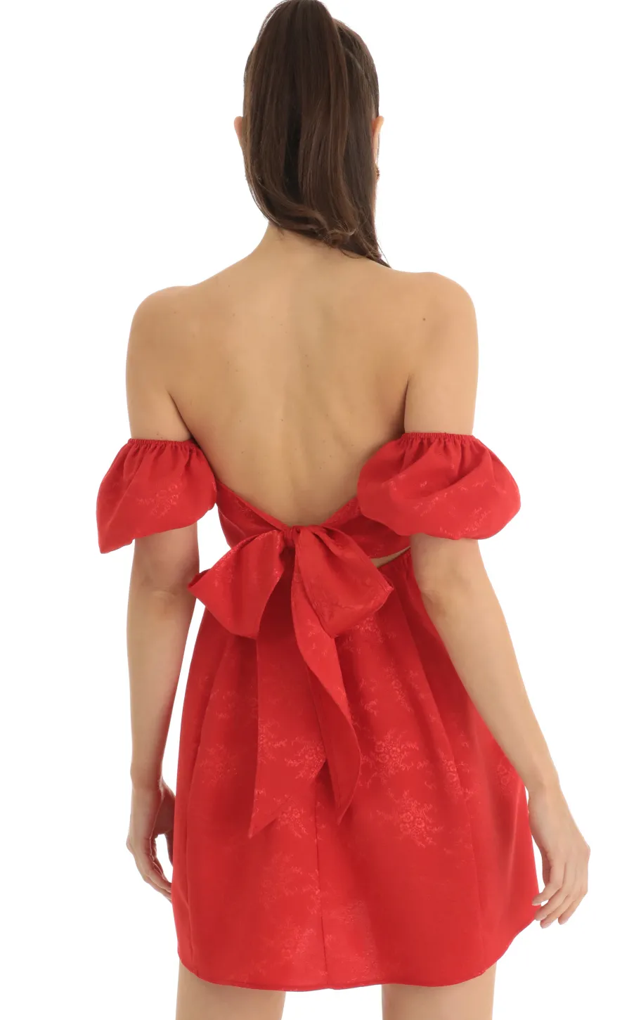 LUCY IN THE SKY Mini Dresses^Jacquard Puff Sleeve Baby Doll Dress In Red