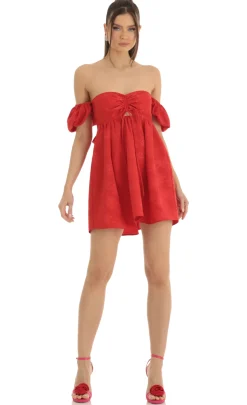 LUCY IN THE SKY Mini Dresses^Jacquard Puff Sleeve Baby Doll Dress In Red