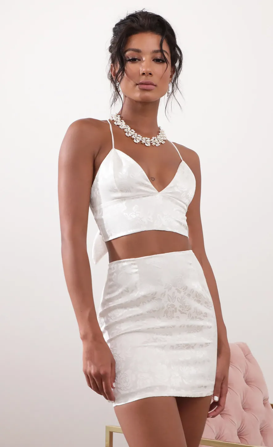 LUCY IN THE SKY Two-Piece Sets^Jacquard Satin Set In White