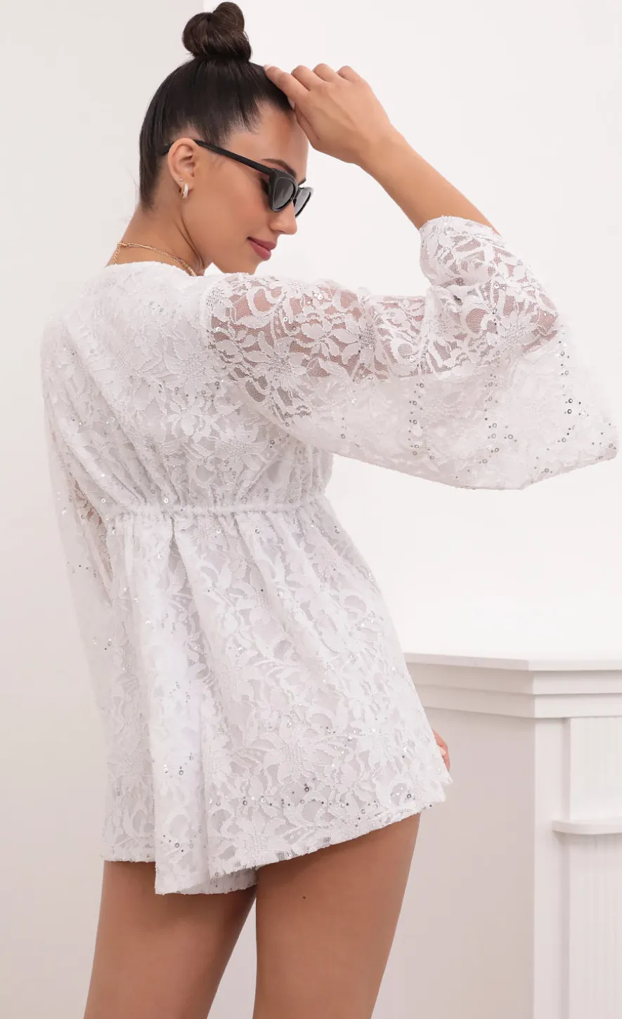 LUCY IN THE SKY Rompers^Kadee Bell Sleeve Romper In White Sequined Lace