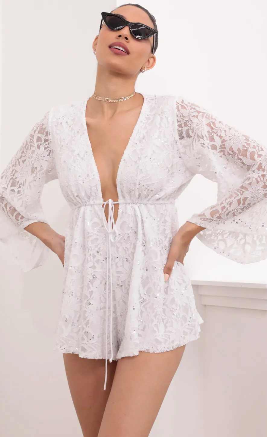 LUCY IN THE SKY Rompers^Kadee Bell Sleeve Romper In White Sequined Lace