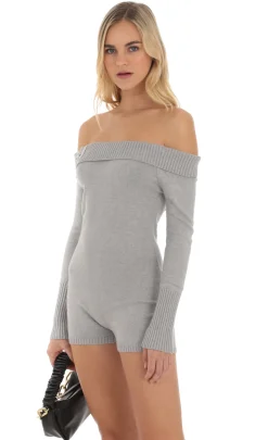 LUCY IN THE SKY Rompers^Knit Off Shoulder Romper In Grey