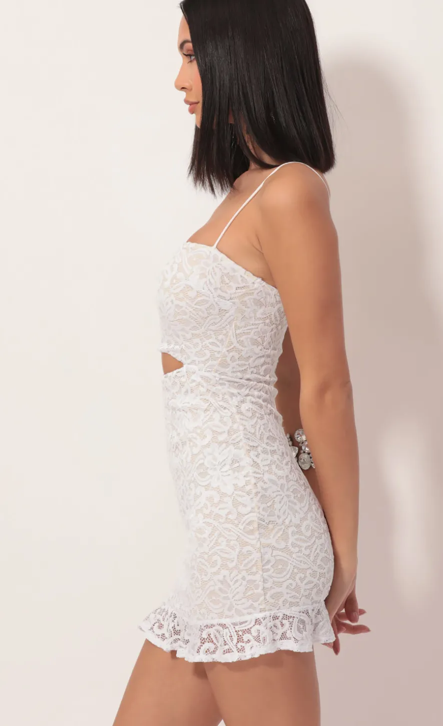 LUCY IN THE SKY Mini Dresses^Lace Cutout Ruffle Dress In White