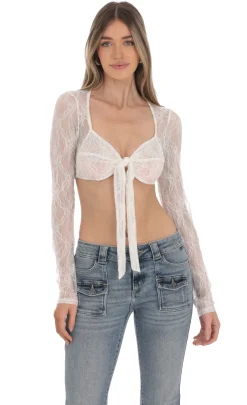 LUCY IN THE SKY Tops^Lace Front Tie Top In White