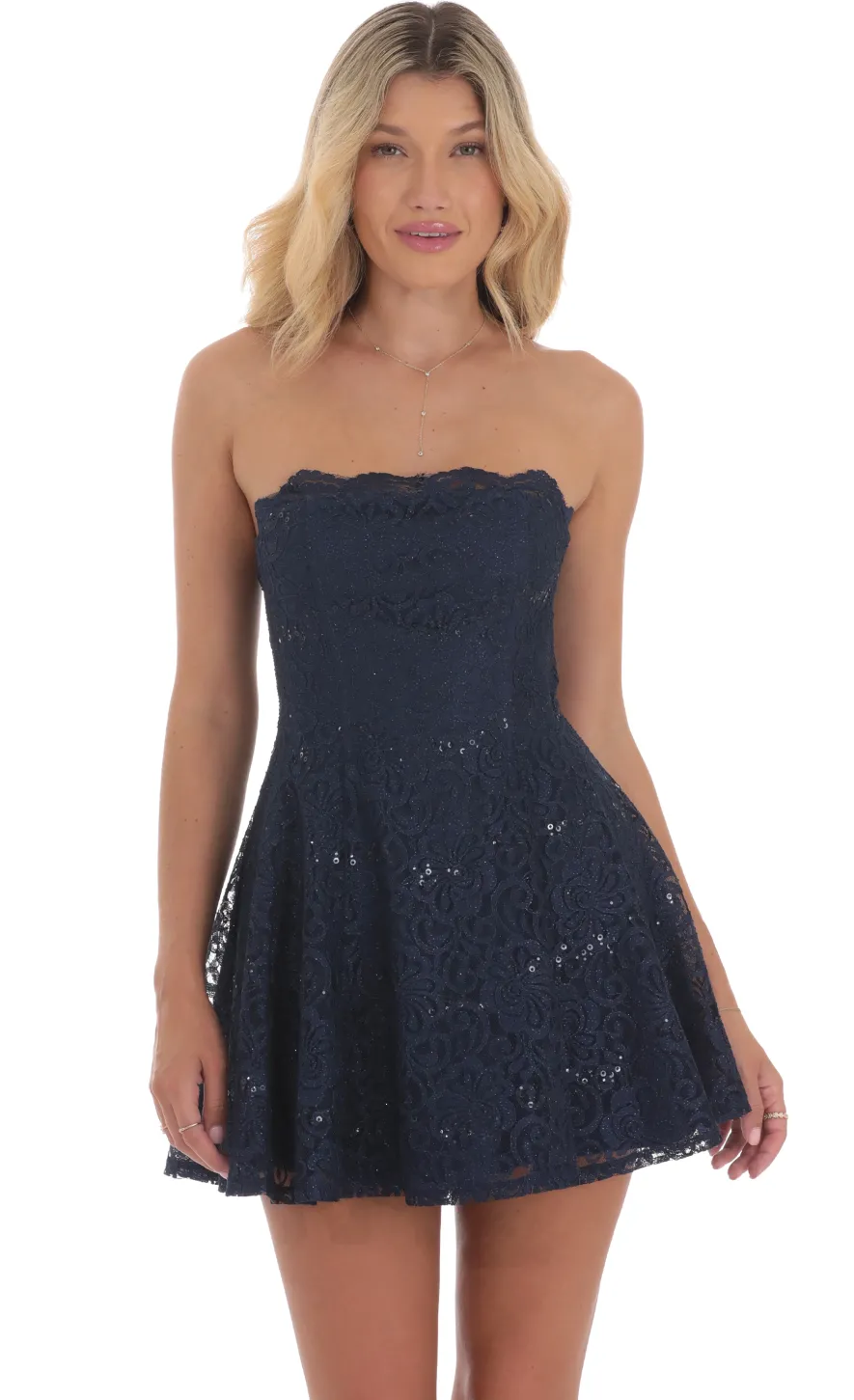 LUCY IN THE SKY Mini Dresses^Lace Glitter Sequin Strapless Dress In Navy