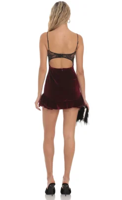 LUCY IN THE SKY Mini Dresses^Lace Hook Velvet Ruffle Dress In Burgundy