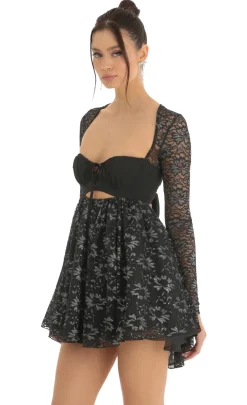 LUCY IN THE SKY Mini Dresses^Lace Long Sleeve Baby Doll Dress In Black