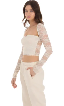 LUCY IN THE SKY Tops^Lace Long Sleeve Top In Cream