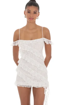 LUCY IN THE SKY Mini Dresses^Lace Off Shoulder Ruffle Dress In White