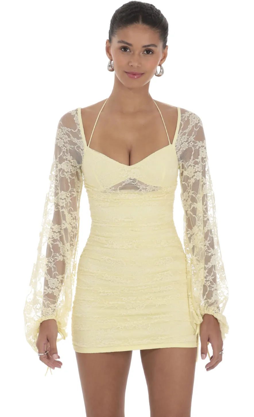 LUCY IN THE SKY Mini Dresses^Lace Ruched Long Sleeve Dress In Yellow