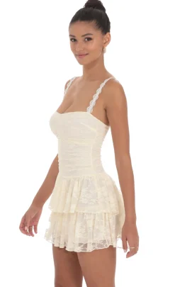 LUCY IN THE SKY Mini Dresses^Lace Ruched Ruffle Dress In Cream