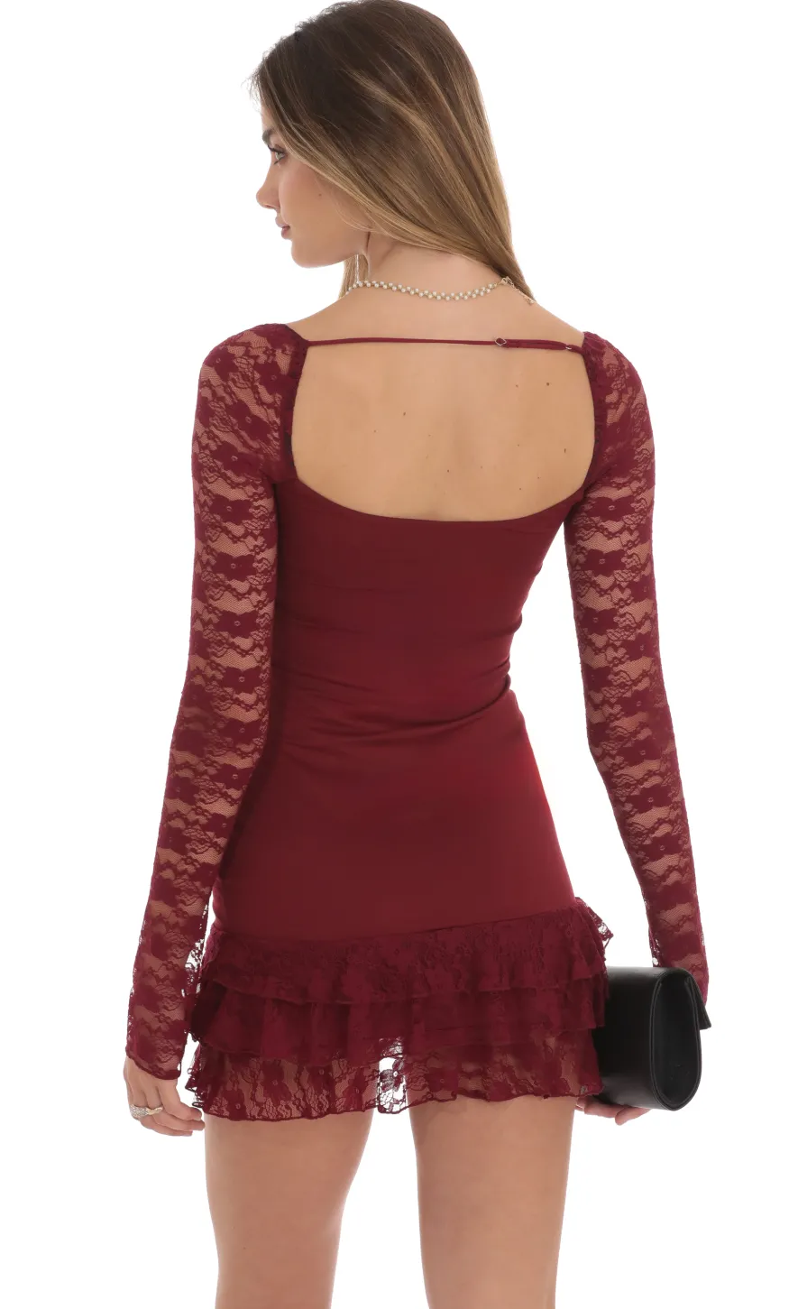 LUCY IN THE SKY Mini Dresses^Lace Ruffle Bodycon Dress In Maroon