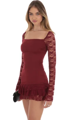 LUCY IN THE SKY Mini Dresses^Lace Ruffle Bodycon Dress In Maroon