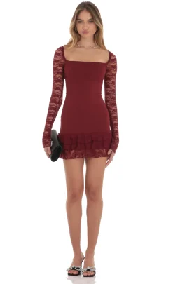 LUCY IN THE SKY Mini Dresses^Lace Ruffle Bodycon Dress In Maroon