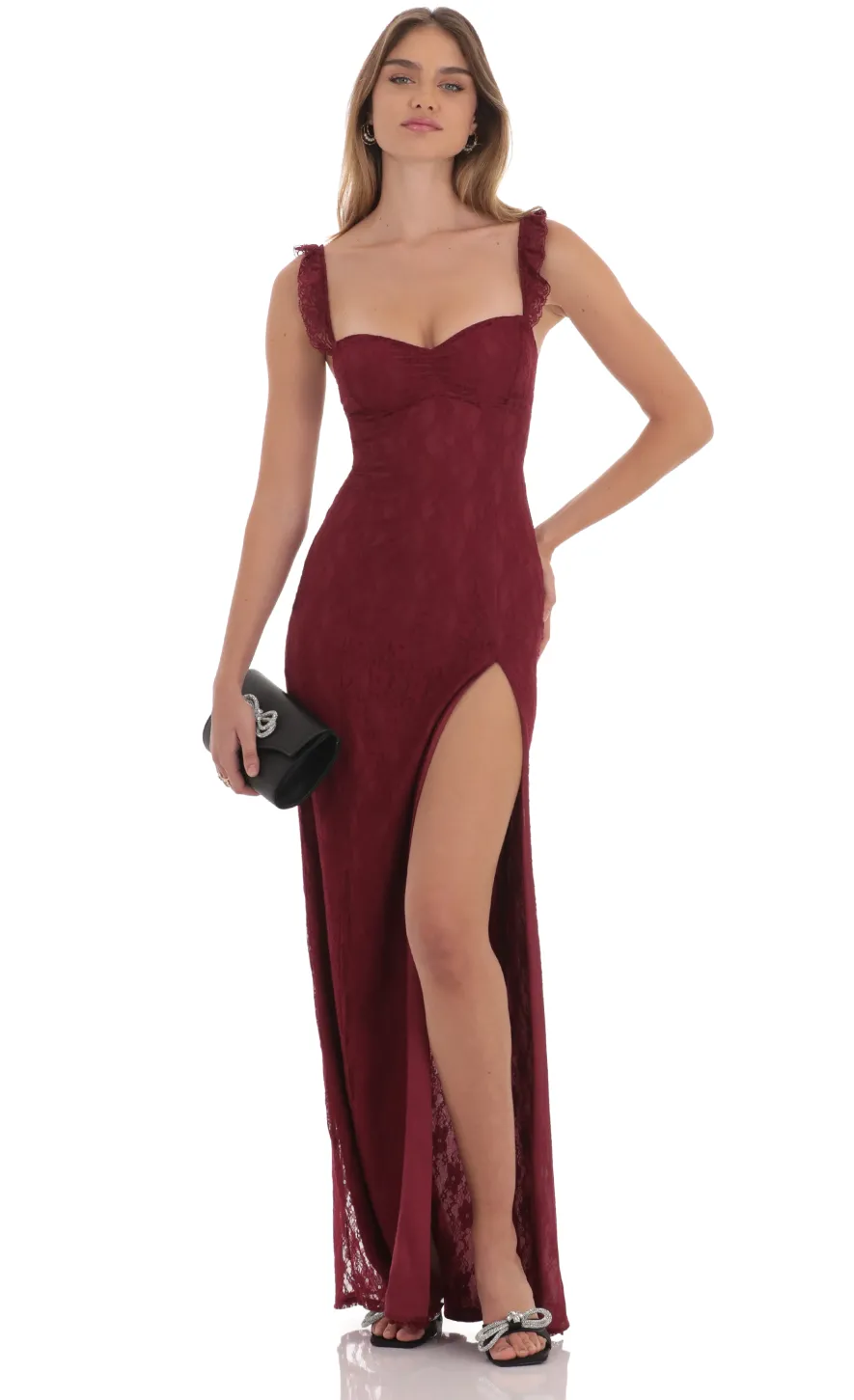 LUCY IN THE SKY Maxi Dresses^Lace Ruffle Sleeve Maxi Dress In Wine