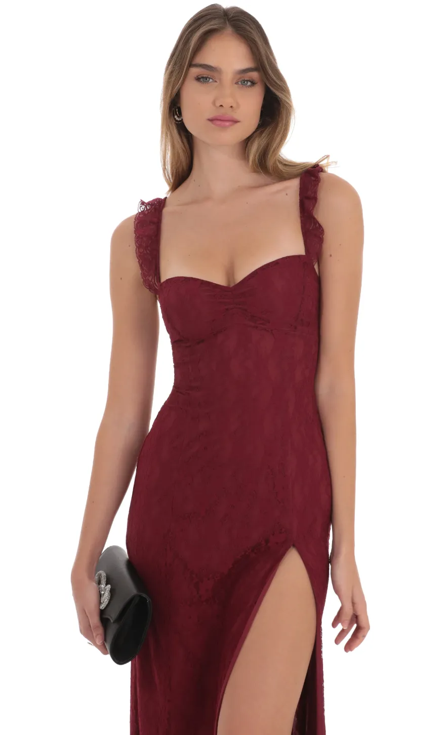 LUCY IN THE SKY Maxi Dresses^Lace Ruffle Sleeve Maxi Dress In Wine