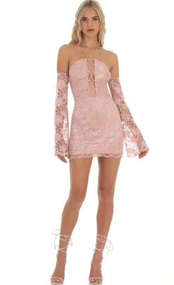 LUCY IN THE SKY Mini Dresses^Lace Sequin Off Shoulder Dress In Dusty Rose