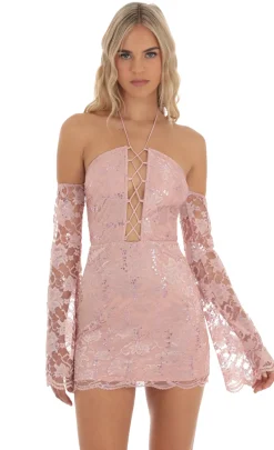 LUCY IN THE SKY Mini Dresses^Lace Sequin Off Shoulder Dress In Dusty Rose