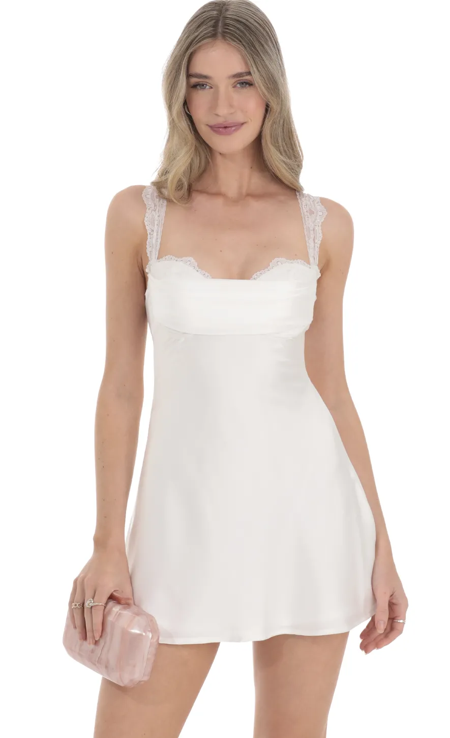 LUCY IN THE SKY Mini Dresses^Lace Strap Satin Dress In White