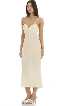 LUCY IN THE SKY Midi Dresses^Lace Trim Front Tie Midi Dress In Yellow